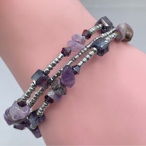 New Silver Amethyst Memory Wire Bracelet Purple Crystal Beaded Wrap